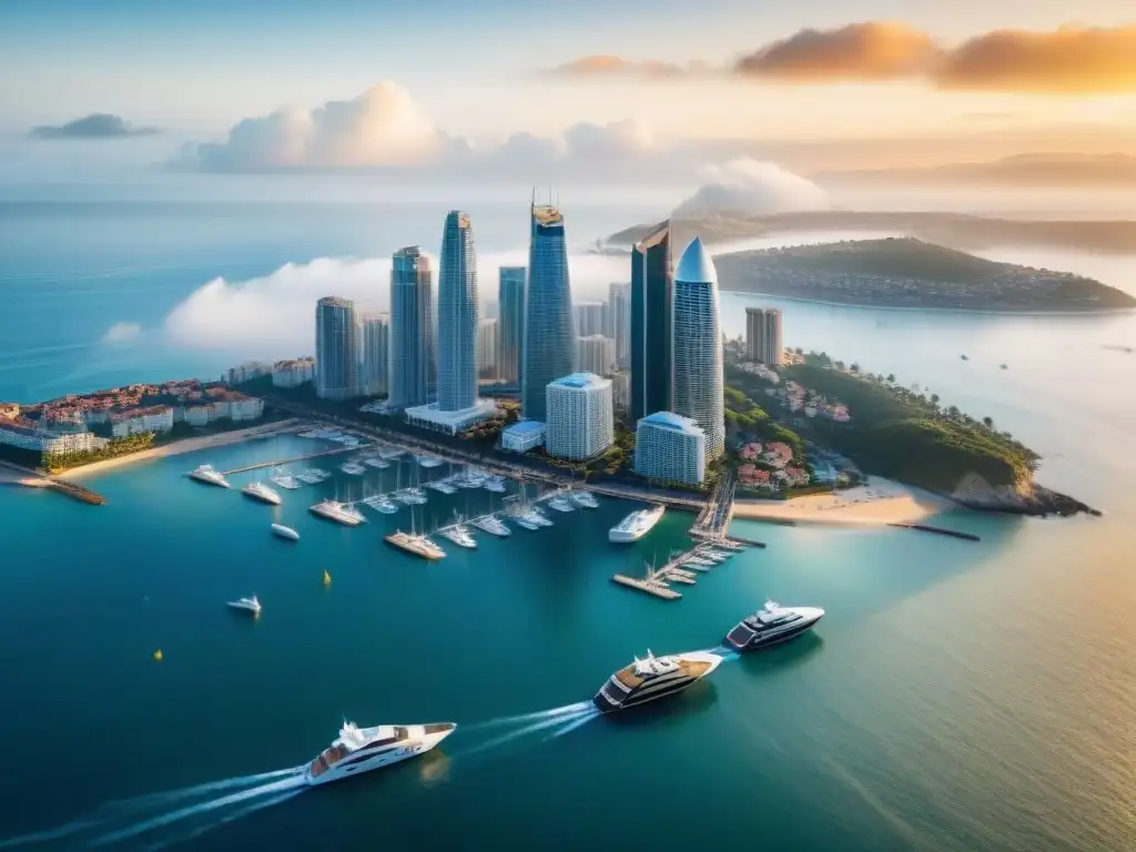 Vista aérea de ciudad costera: lujo y prosperidad marítima Vista aérea impresionante de una ciudad costera con rascacielos modernos, el mar brillante al atardecer