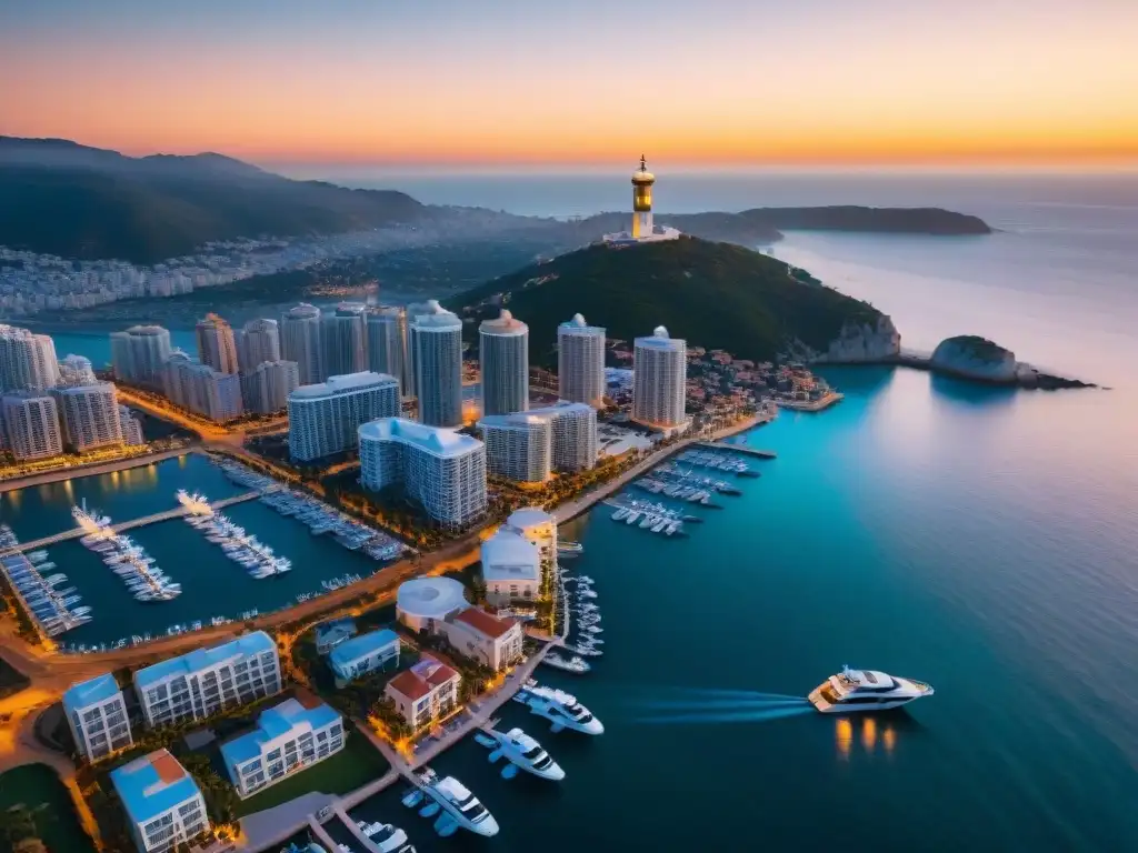 Vista aérea impresionante de ciudad costera al atardecer Vista aérea impresionante de una ciudad costera al atardecer, con rascacielos, yates de lujo y una animada promenade
