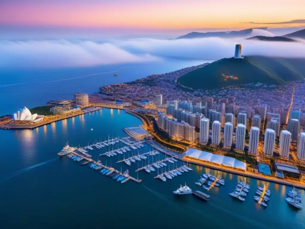 Espléndida ciudad costera al atardecer: luces urbanas y naturaleza Vista aérea impresionante de una ciudad costera al atardecer, con edificios modernos y barcos en el puerto