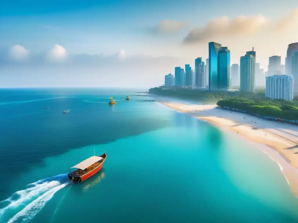 Costa dorada: ciudad costera vibrante con aguas turquesa y puestas de sol Una vista aérea impresionante de una ciudad costera vibrante, donde el agua turquesa se encuentra con playas doradas y barcos de pesca coloridos salpican la costa
