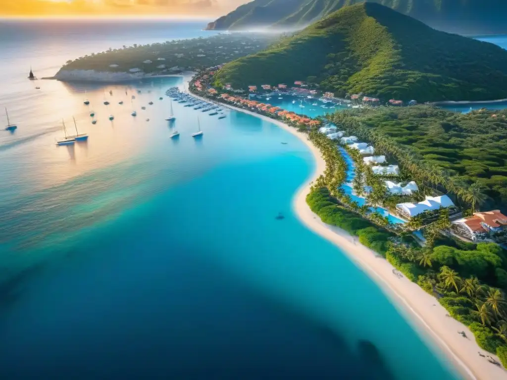 Costa de lujo: vista aérea impresionante de un exclusivo pueblo costero Vista aérea impresionante de una ciudad costera con propiedades de lujo frente al mar, aguas azules y playas doradas