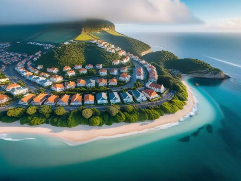 Desarrollo urbano y preservación costera: equilibrio perfecto Vista aérea impresionante de una ciudad costera con propiedades modernas y edificios tradicionales