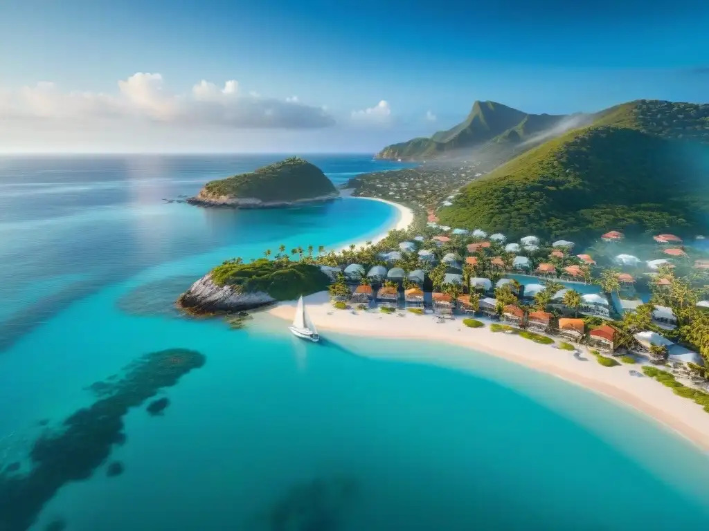 Paraíso costero: vista aérea de vibrantes edificios junto al mar turquesa Vista aérea impresionante de una comunidad costera pintoresca con edificios coloridos frente al mar turquesa