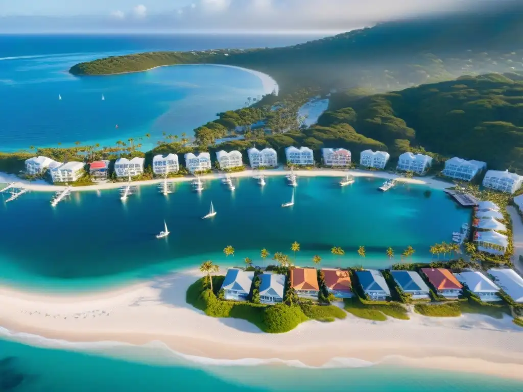 Paraíso costero al amanecer: Retiro idílico junto al mar 'Vista aérea impresionante de una comunidad costera para retirados al amanecer, con casas coloridas, marina tranquila y embarcaciones de vela