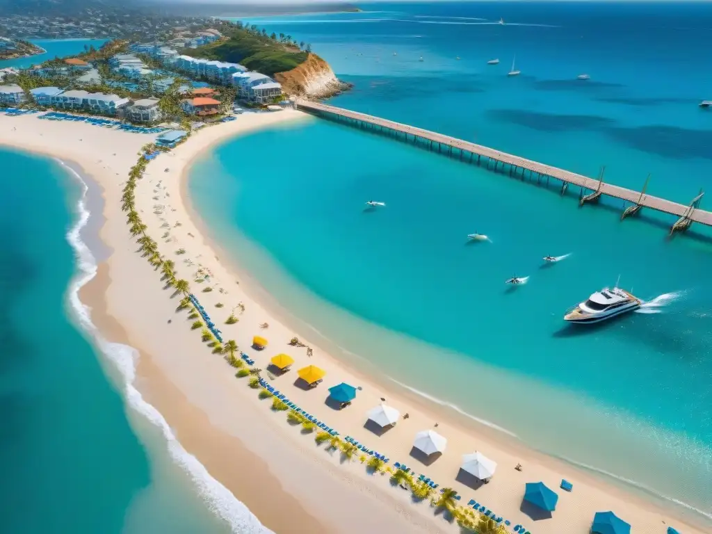Paraíso costero: vida vibrante y aguas cristalinas Una vista aérea impresionante de una comunidad costera vibrante, con casas coloridas frente al mar, un puerto bullicioso con veleros y una playa de arena prístina salpicada de palmeras