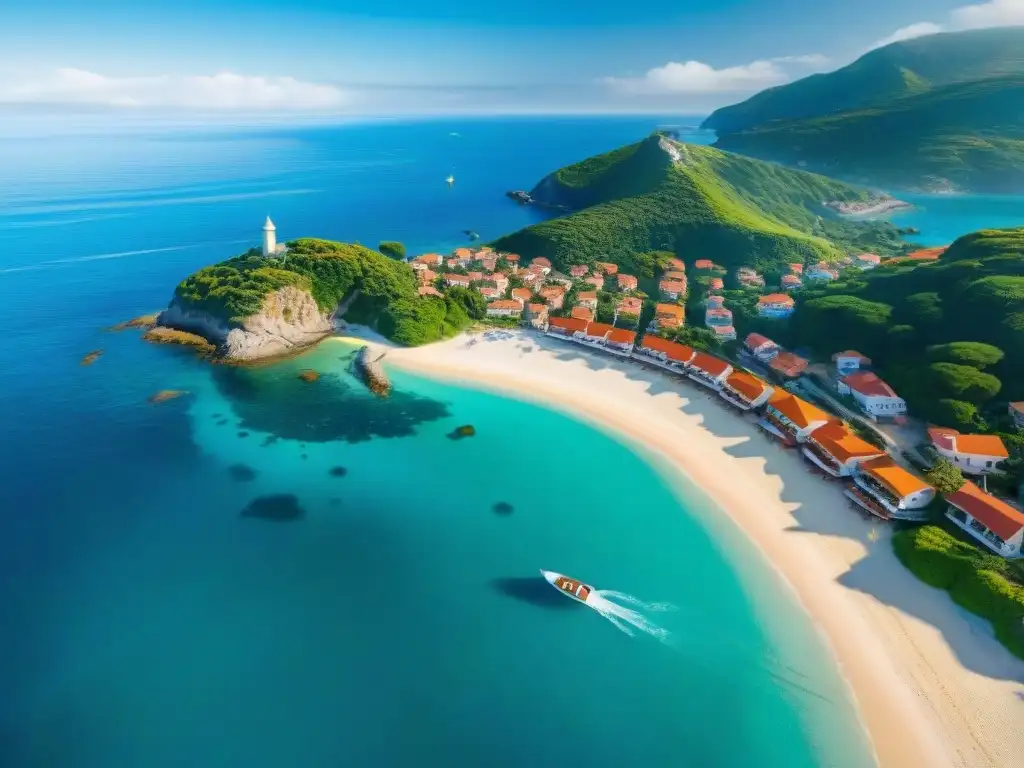 Vista aérea impresionante de un pueblo costero paradisíaco Una vista aérea impresionante de una comunidad costera ideal, con un puerto pintoresco, casas junto al mar y una playa soleada llena de vida