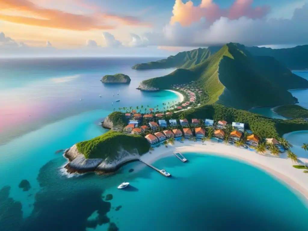 Paraíso costero: atardecer en comunidad tropical Una vista aérea impresionante de una comunidad costera vibrante, con casas coloridas, palmeras, un puerto bullicioso y aguas turquesas