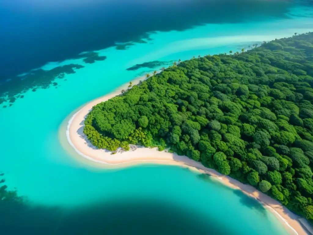 Costa protegida: armonía entre humanidad y naturaleza Vista aérea impresionante de comunidad costera protegida por un muro marino, con aguas turquesas y vegetación exuberante