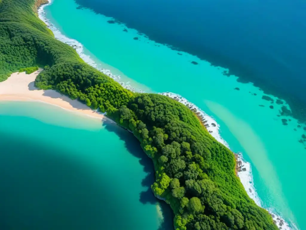 Costa virgen: belleza y serenidad en turquesas aguas Vista aérea impresionante de costa prístina con aguas turquesas, playas doradas y vegetación exuberante