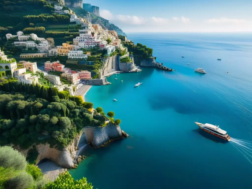 Costa Amalfitana: vista aérea impresionante del paraíso italiano Vista aérea de la impresionante costa de Amalfi en Italia, una de las mejores zonas costeras para residir