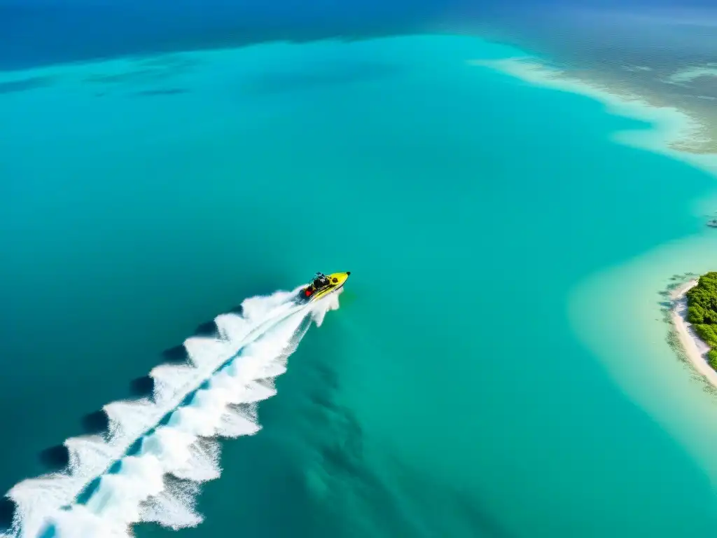 Costa paradisíaca: aguas turquesas, playas blancas y jet skis Vista aérea impresionante de costa virgen con aguas turquesas, playas blancas, vegetación exuberante y arrecifes de coral