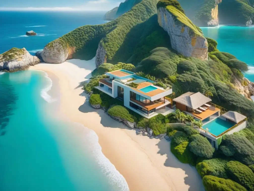 Diseño arquitectónico en paraíso costero Vista aérea impresionante de costa virgen con aguas turquesas y playa dorada, resaltando plano arquitectónico