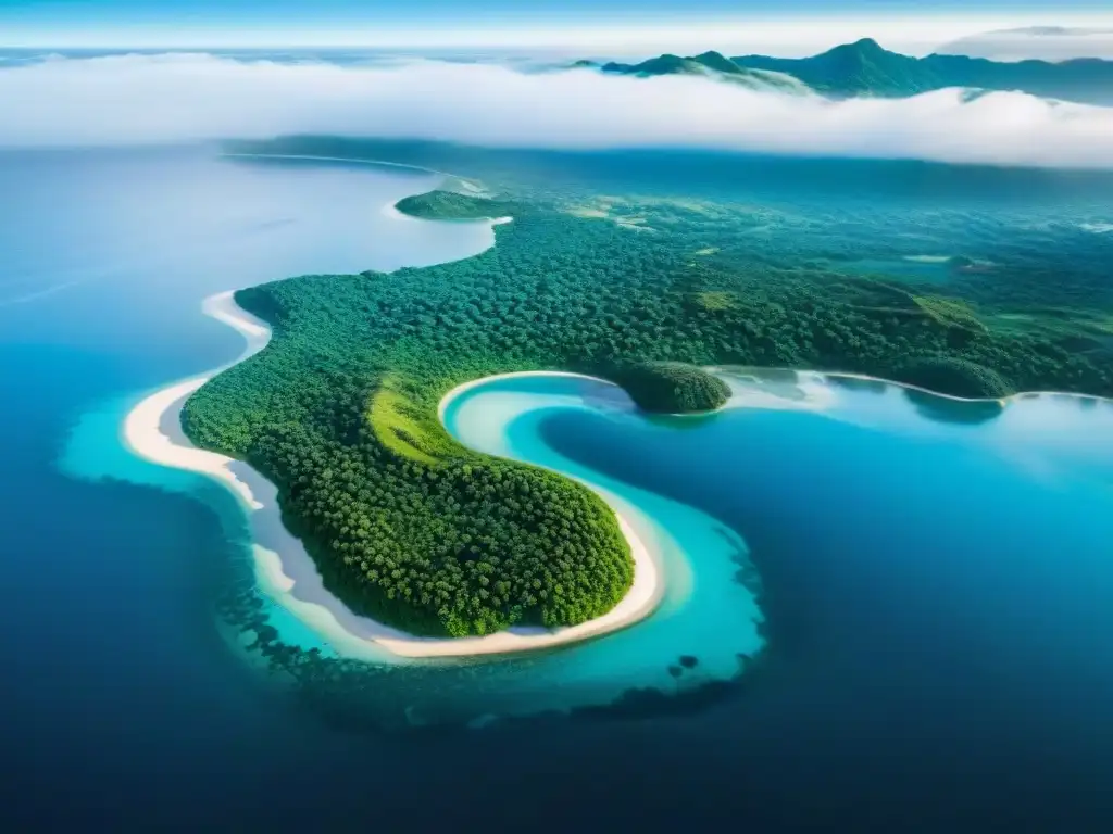 Vista aérea impresionante: agua azul y vegetación verde en costa Vista aérea impresionante de costa donde el océano azul se funde con vegetación exuberante, destacando gestión sostenible recursos hídricos costeros