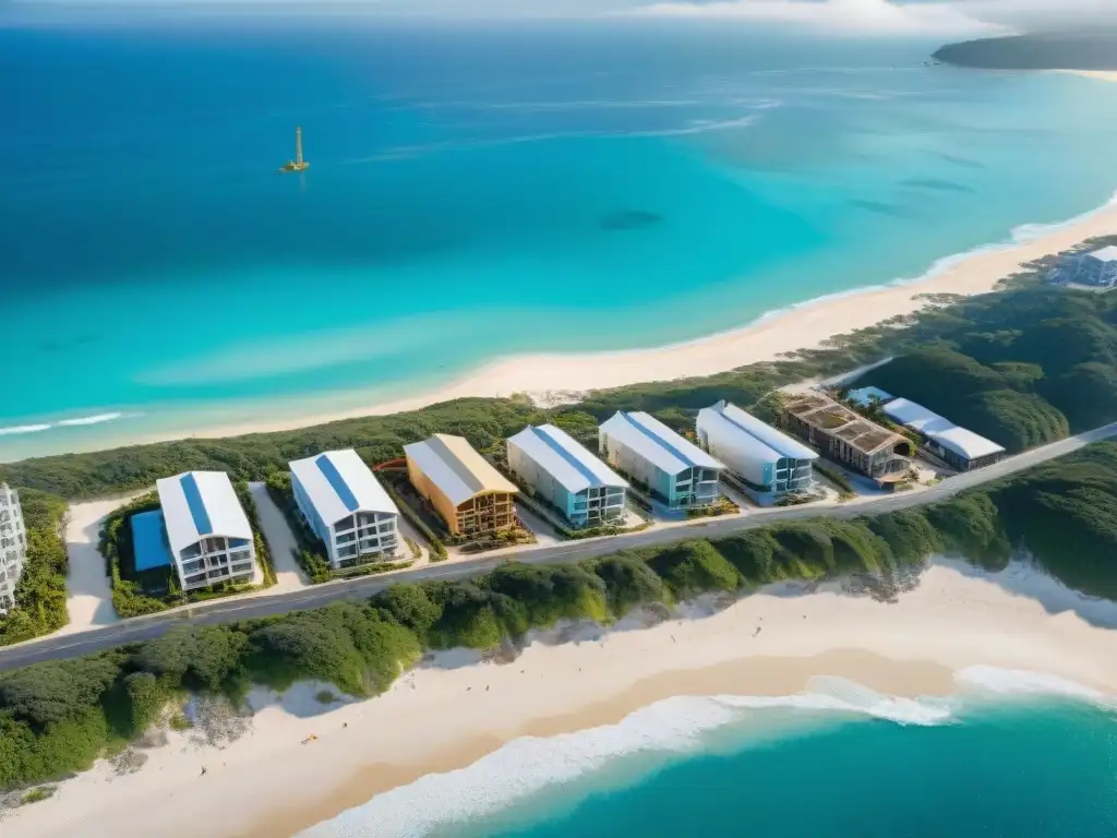 Costa paradisíaca: construyendo sueños frente al mar Vista aérea impresionante de una costa virgen con propiedades de lujo en construcción