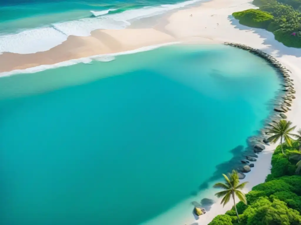 Paraíso costero: aguas turquesas, arena blanca y palmeras verdes Vista aérea impresionante de costa virgen con aguas turquesas, playas blancas, palmeras verdes y sombrillas coloridas