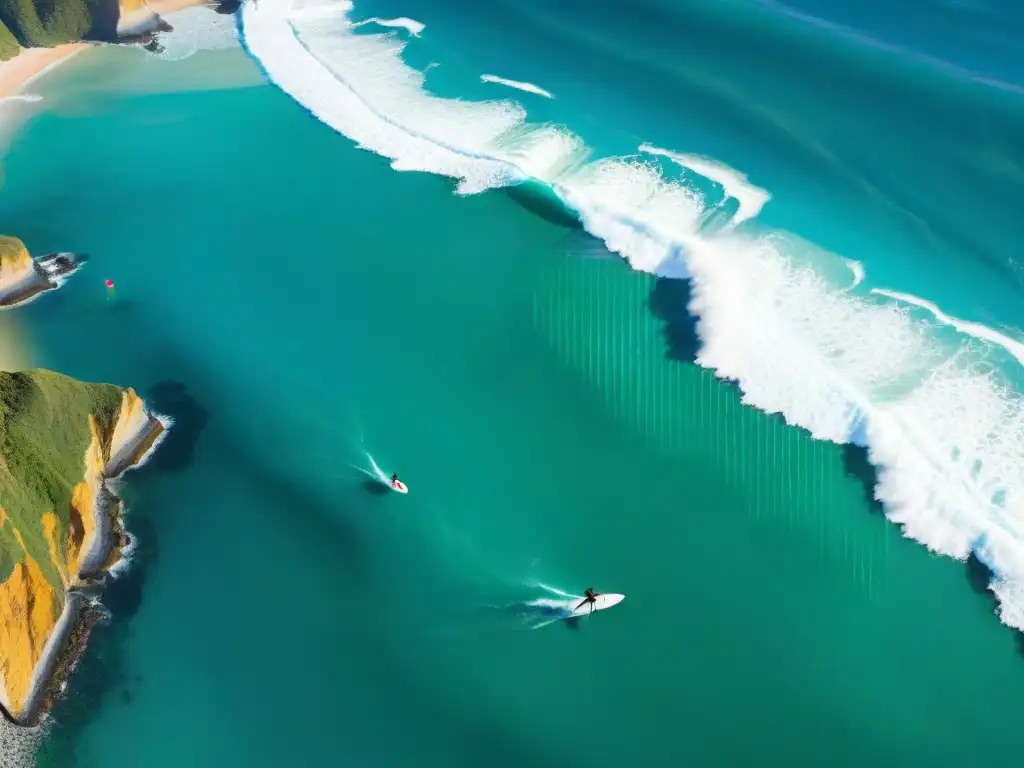 Emoción surfista en paraíso costero Vista aérea impresionante de costa virgen con aguas turquesa, surfistas en olas y acantilados verdes