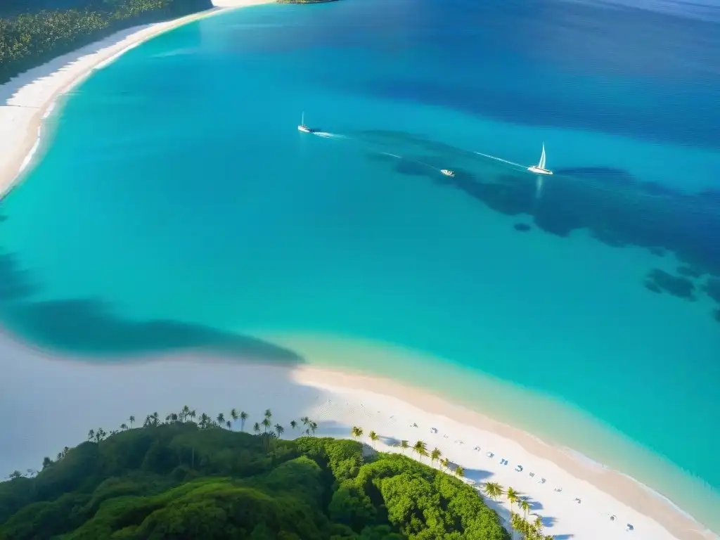 Paraíso costero: aguas turquesas y arena blanca bajo el sol Vista aérea impresionante de una costa virgen, aguas turquesas cristalinas y arena blanca