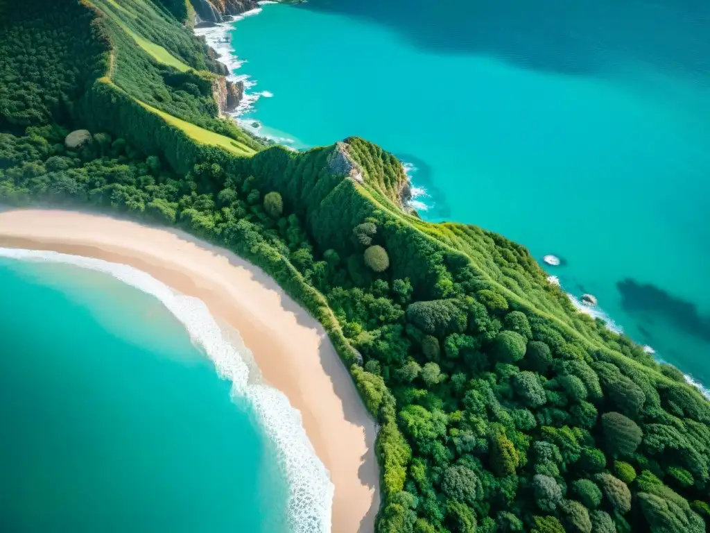 Costa virgen en Nueva Zelanda: paraíso natural Vista aérea impresionante de la costa de Nueva Zelanda, con aguas turquesas, playas doradas y acantilados