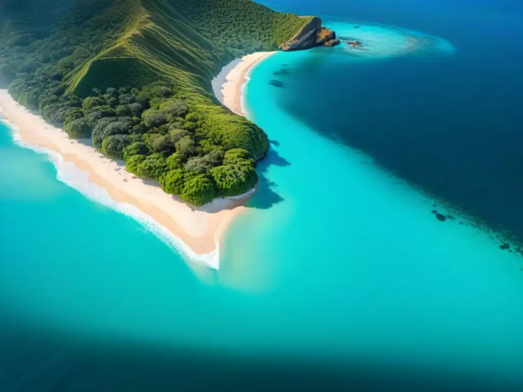 Costa paradisíaca: equilibrio entre aguas turquesas y playas doradas Vista aérea impresionante de costa, resaltando equilibrio entre aguas turquesas y playas doradas, con vegetación exuberante