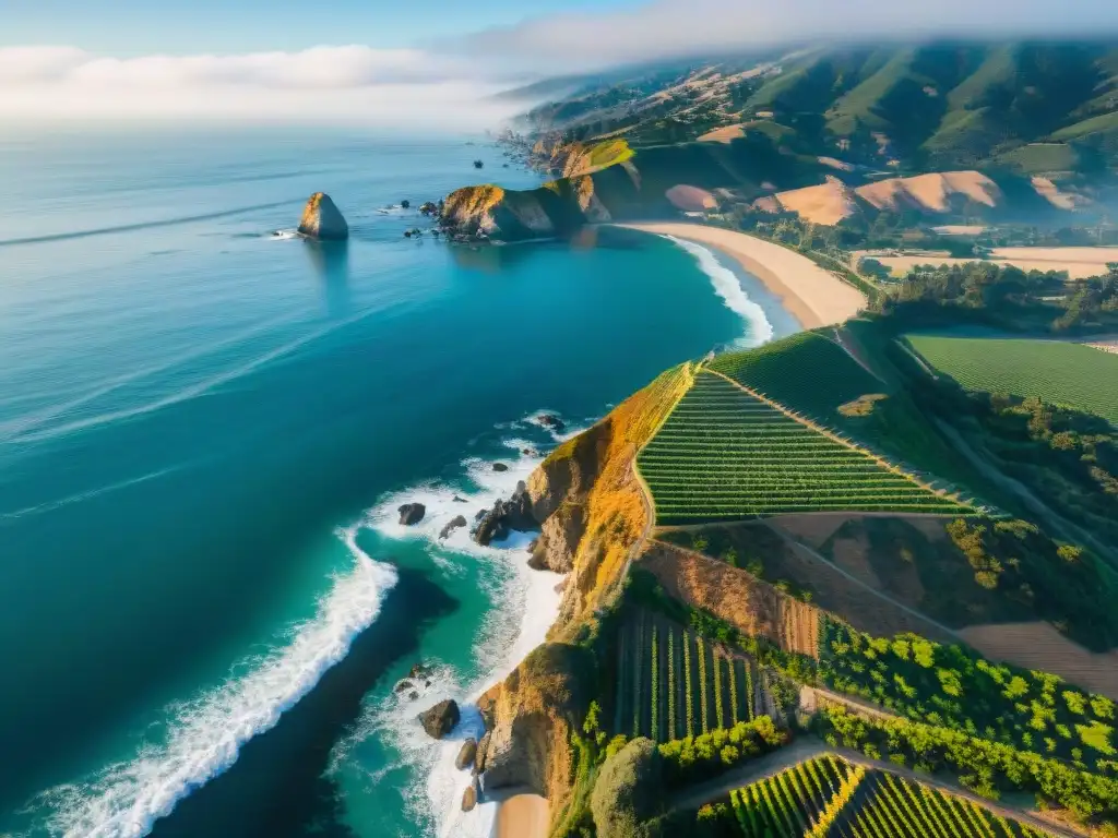 Viñedos costeros de California: para amantes del vino y la naturaleza Vista aérea impresionante de la costa de California con viñedos y el océano Pacífico