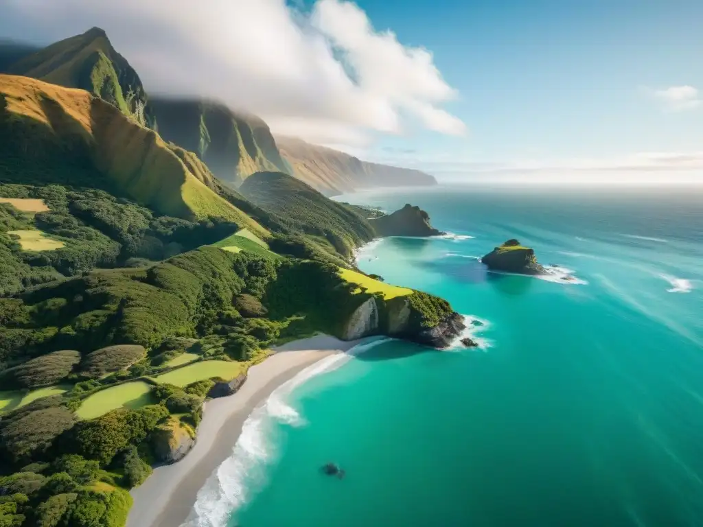 Costa salvaje de Nueva Zelanda: belleza natural en estado puro Vista aérea impresionante de la costa de Nueva Zelanda con aguas cristalinas y acantilados imponentes, mostrando las mejores propiedades costeras Nueva Zelanda