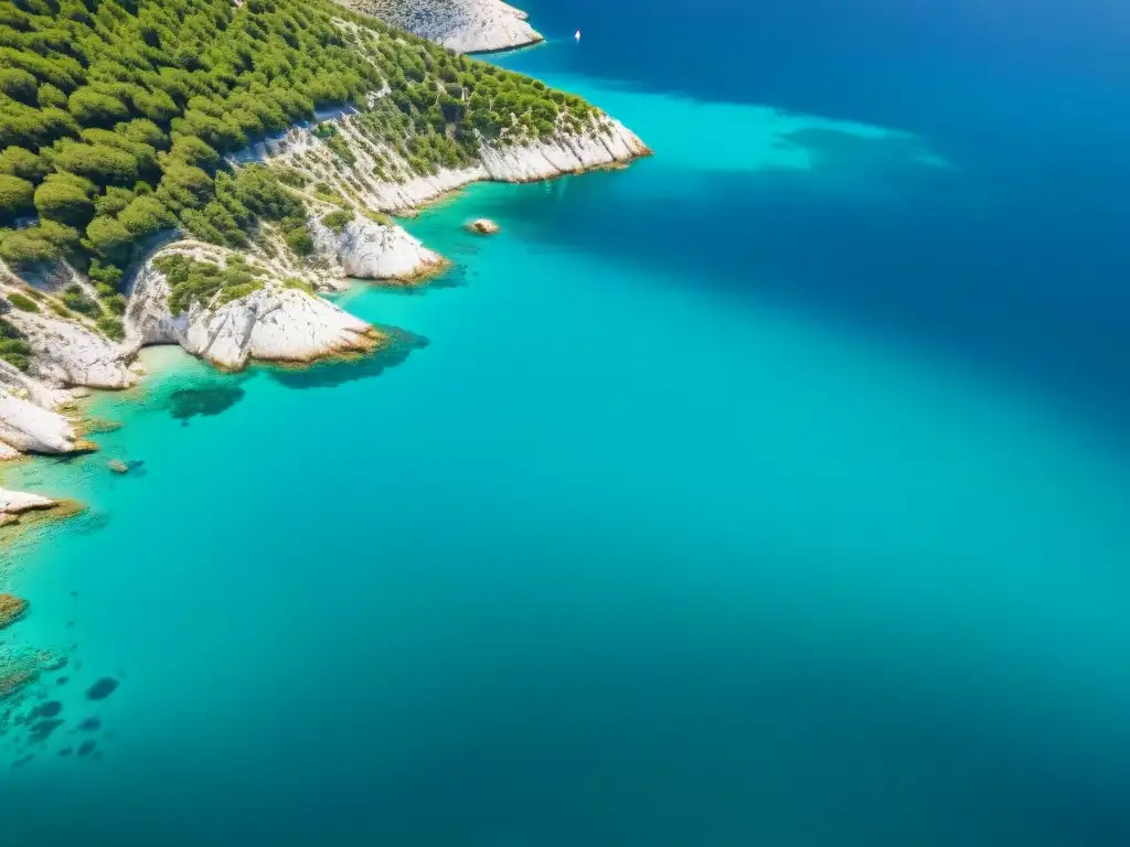Costa de Dalmacia: Vista aérea impresionante de islas y aguas turquesas Una vista aérea impresionante de la costa escarpada de Dalmacia, Croacia, con aguas turquesas cristalinas y acantilados rocosos