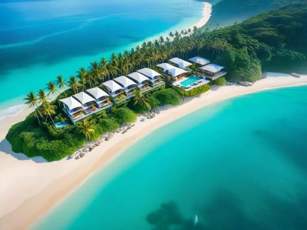 Costa paradisíaca: aguas cristalinas, playas doradas y propiedades de lujo Una vista aérea impresionante de la costa, aguas turquesas cristalinas, playas doradas, palmeras verdes y propiedades costeras lujosas