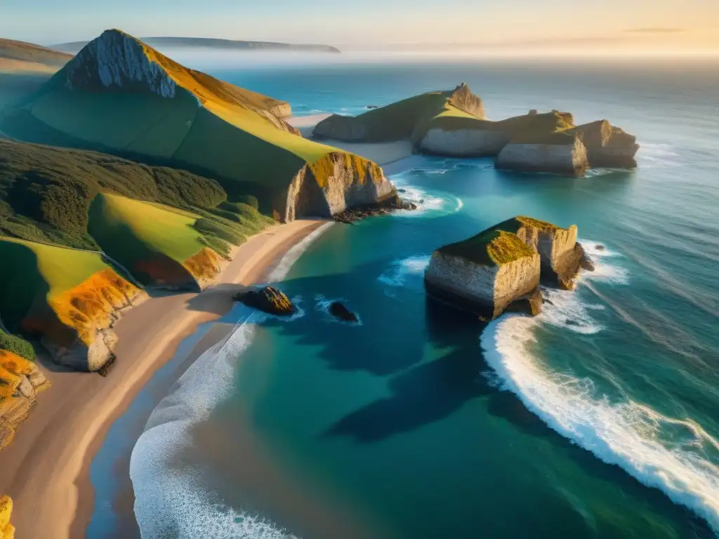 Costa salvaje: belleza y dinamismo en un paisaje costero diverso Una vista aérea impresionante de una costa escarpada con propiedades costeras variadas, clima dramático y topografía diversa