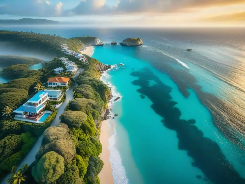 Costa de ensueño: lujo y naturaleza en armonía Vista aérea impresionante de costa con aguas turquesas, playas doradas y lujosas propiedades costeras entre vegetación exuberante