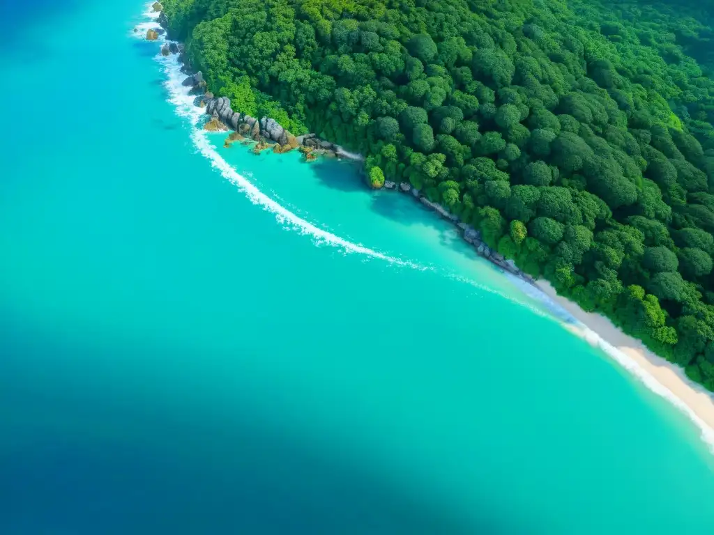 Paraíso costero: aguas turquesas y arrecifes vibrantes Vista aérea impresionante de un destino costero sostenible, aguas turquesas cristalinas y arrecifes de coral vibrantes