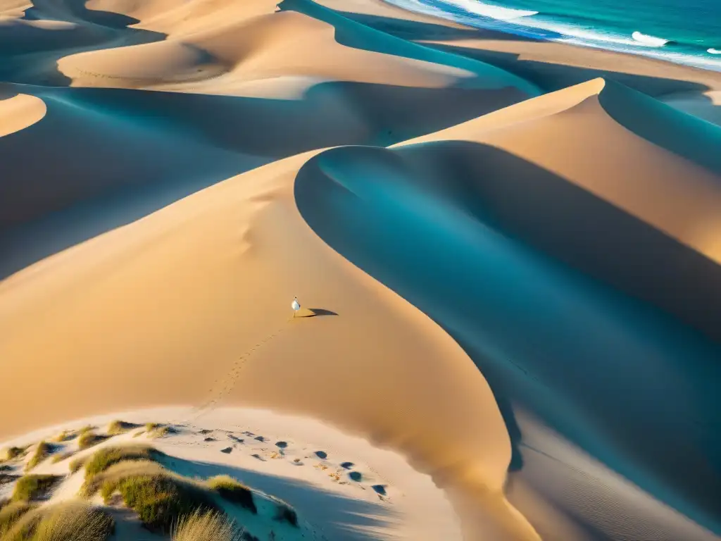 Costa dorada: belleza natural y serenidad Vista aérea impresionante de dunas doradas junto al mar turquesa