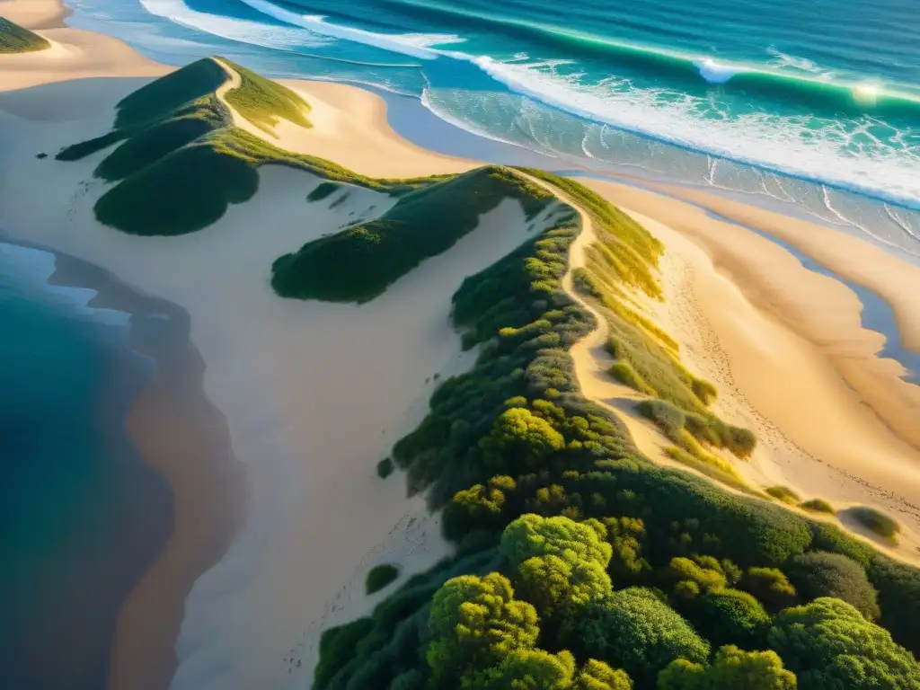 Dunas costeras: belleza y resiliencia en armonía Vista aérea impresionante de dunas costeras, playas extensas y olas del mar