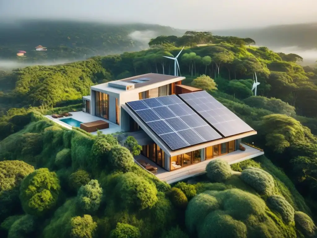 Resort ecológico: armonía entre lujo y sostenibilidad Vista aérea impresionante de un ecoresort moderno en armonía con la naturaleza, con paneles solares, turbinas eólicas y diseño sostenible eco resorts