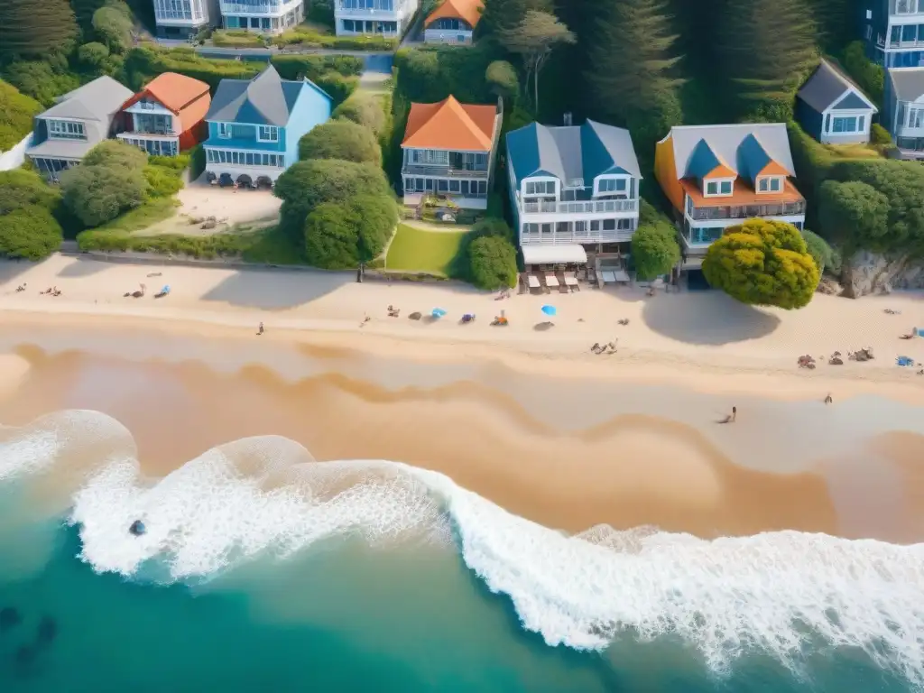 Escena costera vibrante: sol, mar y diversión en comunidad Una vista aérea impresionante de una escena playera vibrante, donde personas disfrutan del sol y el mar