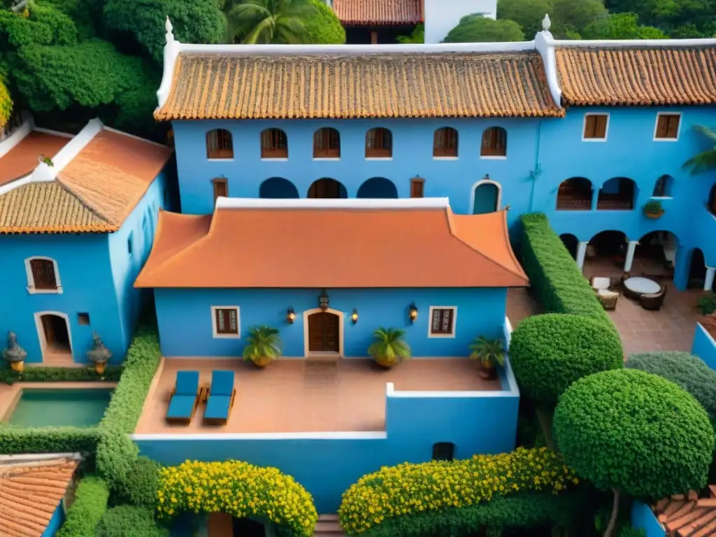 Hermosa vista aérea de La Hacienda San Angel en Puerto Vallarta, México Vista aérea impresionante de La Hacienda San Angel en Puerto Vallarta, con techos de terracota y exuberantes patios, propiedades costeras con historia
