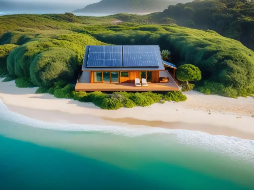 Vivienda costera ecofriendly: fusión armoniosa de naturaleza y tecnología Una vista aérea impresionante de un hogar costero moderno y ecológico, con paneles solares brillando bajo el sol y una turbina eólica girando graciosamente en el fondo
