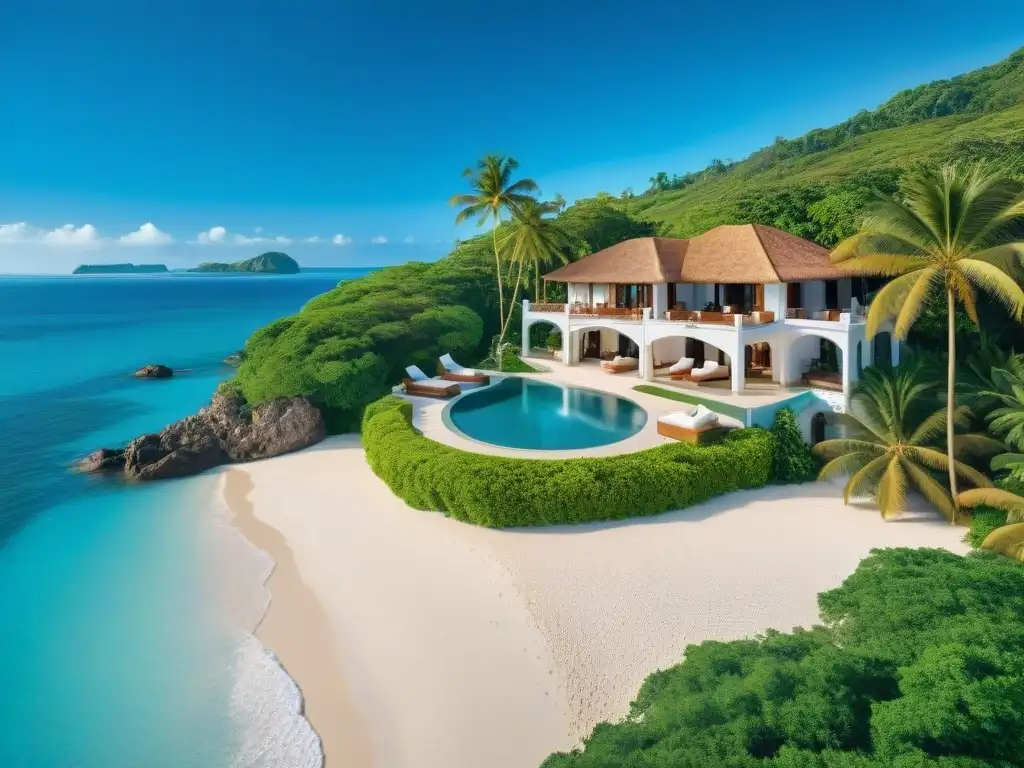 Espléndida hacienda costera entre palmeras y mar turquesa Vista aérea impresionante de una lujosa hacienda costera entre palmeras verdes, con piscina infinita y vista al mar