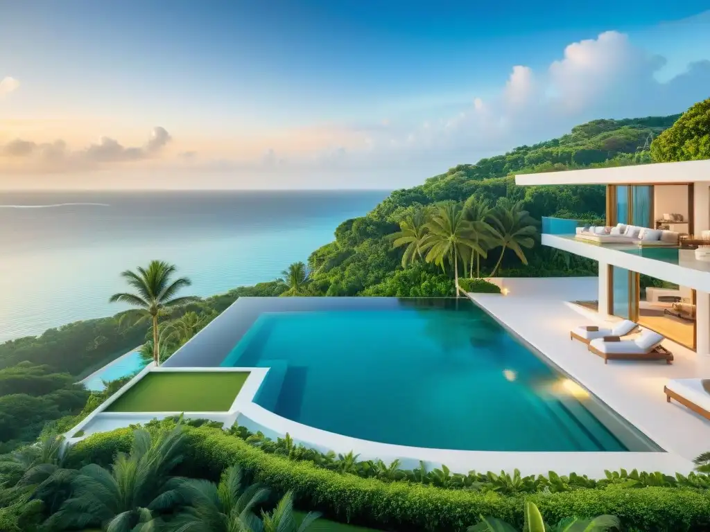 Paraíso costero de lujo: piscina infinita con vistas al mar turquesa Una vista aérea impresionante de una lujosa propiedad costera con amenidades propiedades costeras lujo