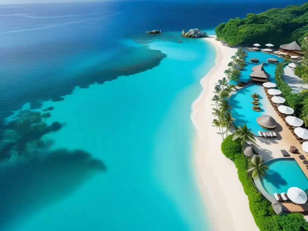 Experiencia gastronómica de lujo junto al mar en resort de ensueño Una vista aérea impresionante de un lujoso resort junto al mar con una playa impecable, aguas turquesas y restaurantes de lujo en la costa