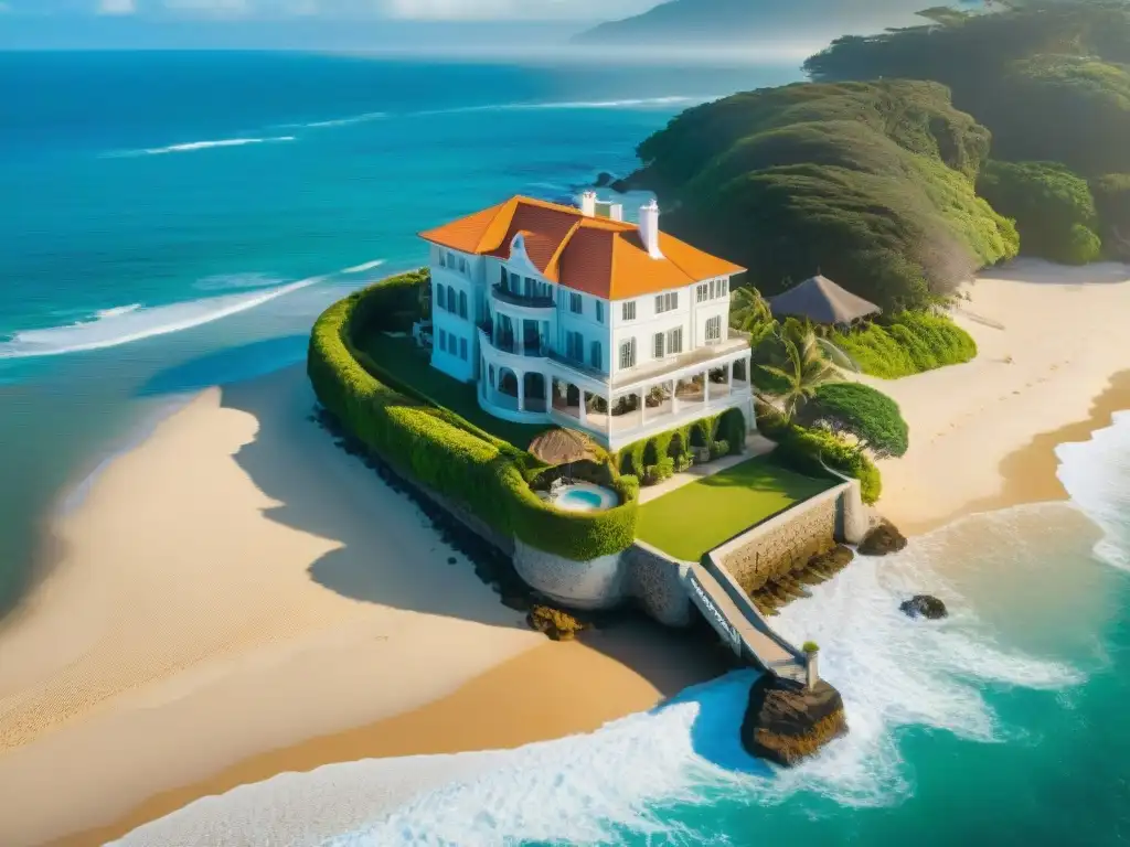 Mansión histórica frente al mar: lujo y encanto atemporal Vista aérea impresionante de majestuosa mansión histórica frente al mar, destacando su elegante arquitectura y ubicación escénica