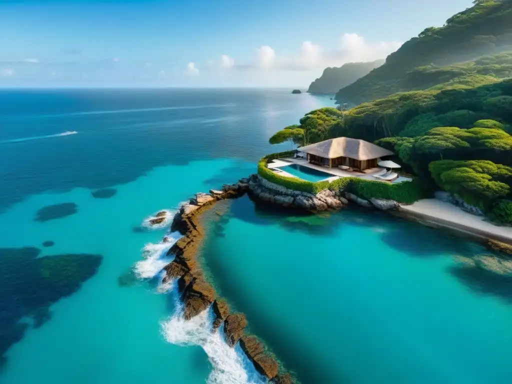 Mansión de lujo en acantilado con vistas al mar Vista aérea impresionante de mansión lujosa en acantilado con piscina infinita y jardines tropicales