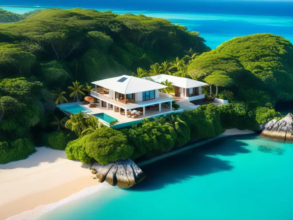 Paraíso costero: villa de lujo con muelle privado y aguas turquesa Vista aérea impresionante de la mejor propiedad costera para mudarse, con aguas turquesas, playas doradas y exuberante vegetación