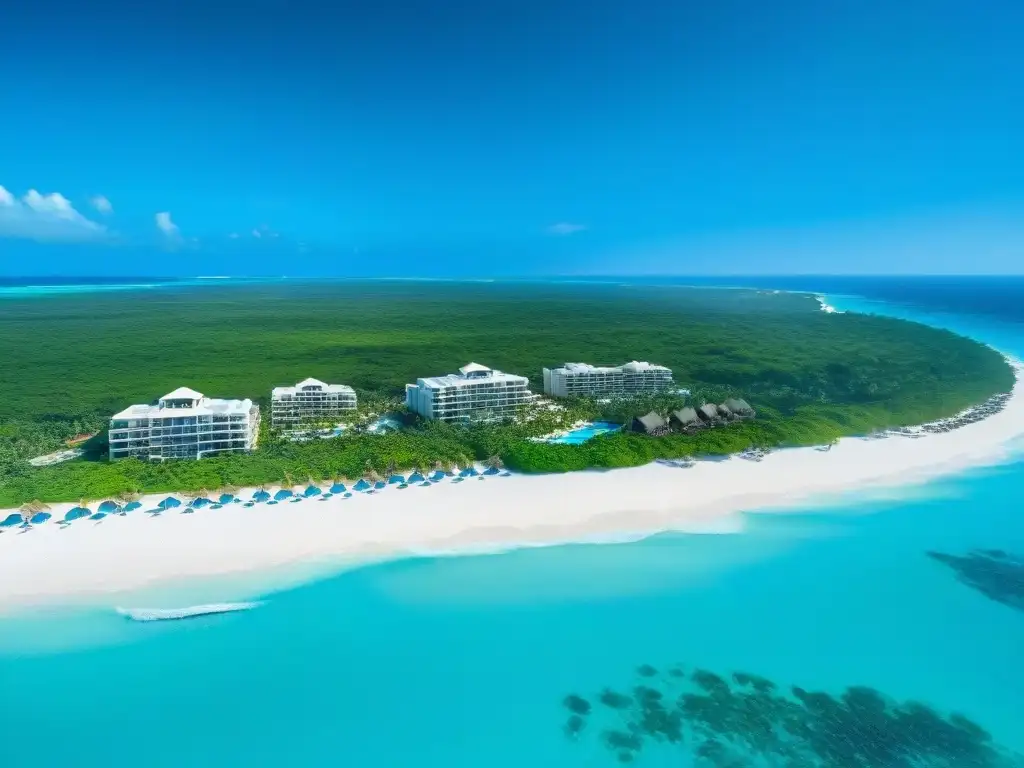 Costa de la Riviera Maya: lujo y naturaleza en armonía Vista aérea impresionante de las mejores propiedades costeras Riviera Maya, con playas de arena blanca y aguas turquesas