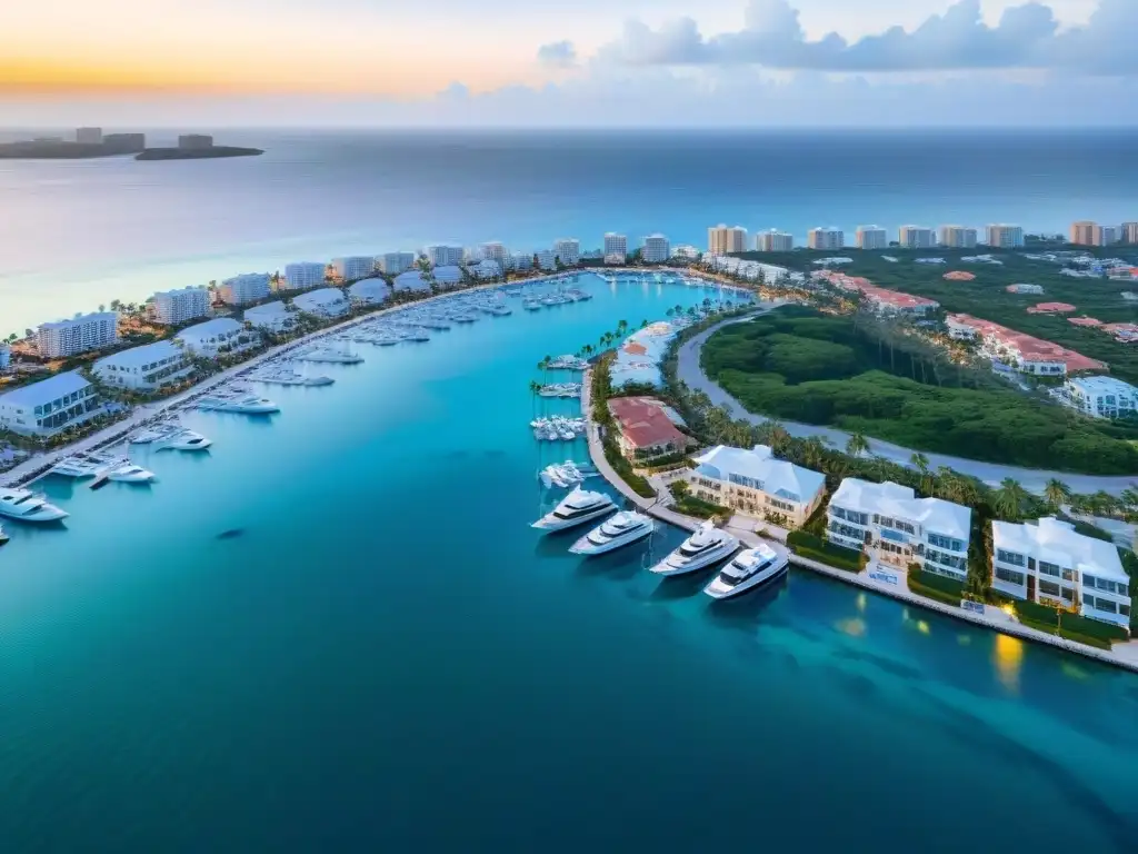 Mercado inmobiliario costero de lujo Vista aérea impresionante de un mercado inmobiliario costero vibrante con lujosos yates, propiedades de lujo y playa paradisíaca