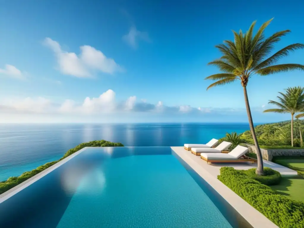 Piscina infinita en la costa: lujo y armonía con el mar Una vista aérea impresionante de una moderna piscina de borde infinito costera, rodeada de palmeras, bajo un cielo azul