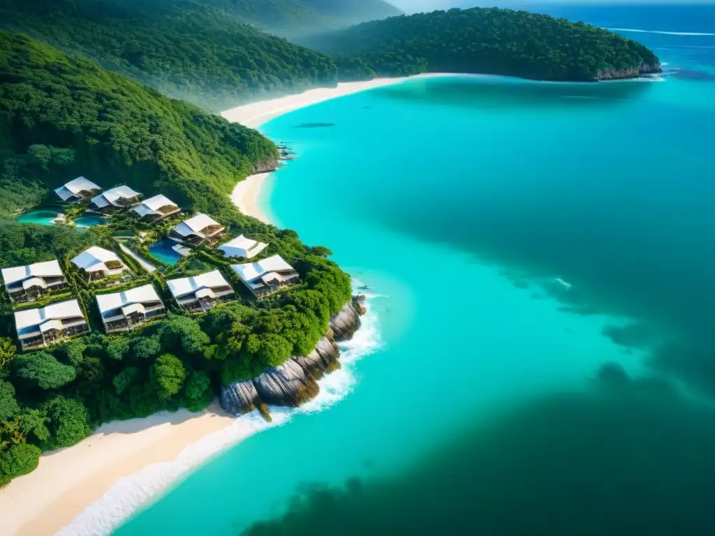 Paraíso costero: lujo ecofriendly en armonía con la naturaleza Vista aérea impresionante de un paraíso costero con aguas turquesas, playas blancas, vegetación exuberante y propiedades costeras ecoamigables de lujo