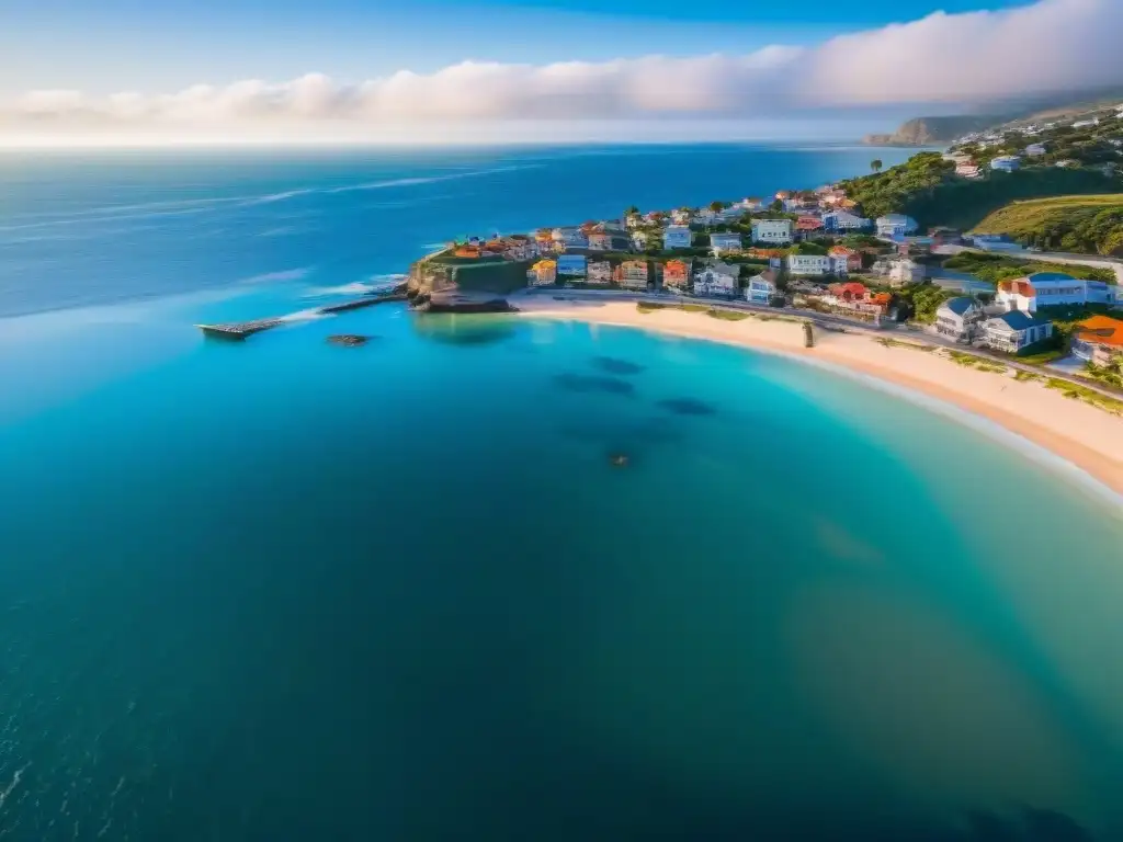 Costa colorida: guía de fiscalidad en propiedades costeras Vista aérea impresionante de un pintoresco pueblo costero con propiedades coloridas, bañado por el sol