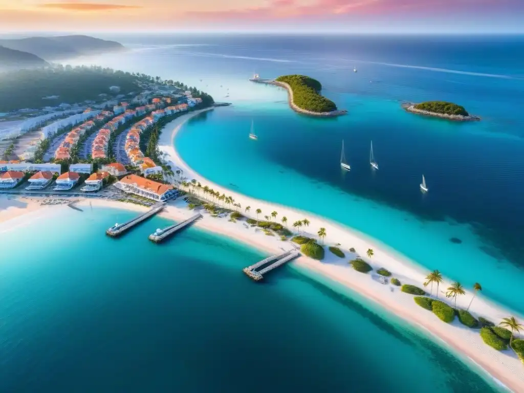 Paisaje costero vibrante: playas, casas coloridas y atardecer de fuego Vista aérea impresionante de un pintoresco pueblo costero con playas de arena, aguas turquesas, casas coloridas y un puerto bullicioso