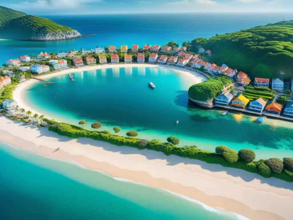 Encanto costero: casas coloridas, playas cristalinas y vida vibrante Vista aérea impresionante de un pintoresco pueblo costero, casas coloridas en la playa, aguas cristalinas y bullicioso paseo marítimo