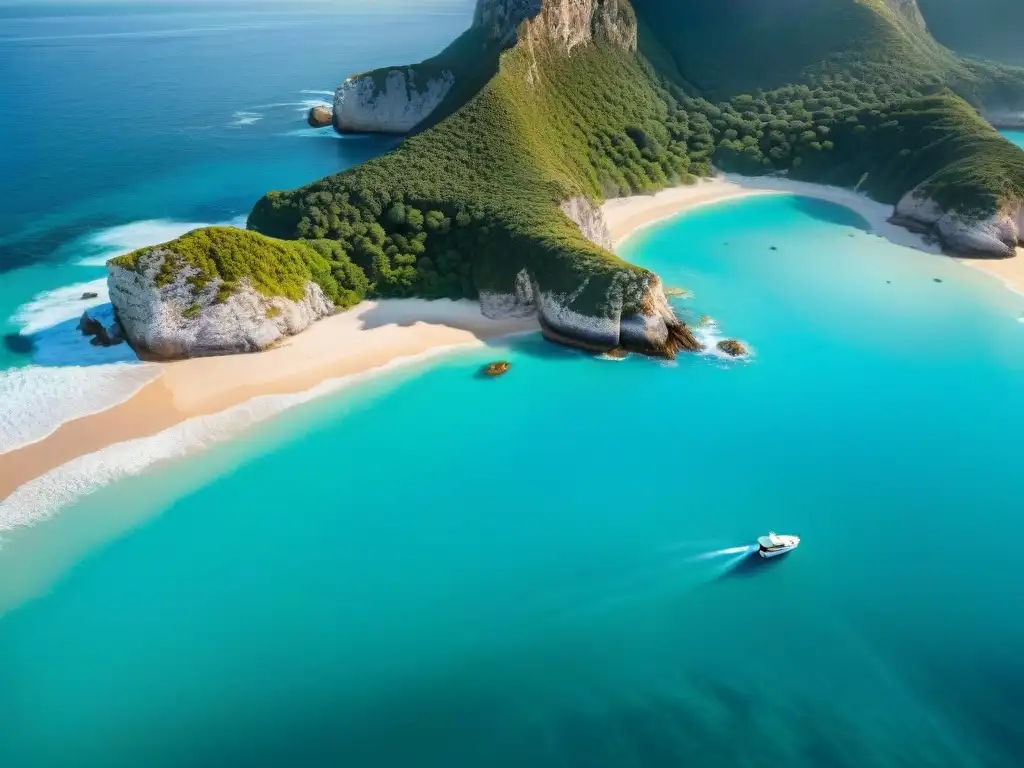 Costa paradisíaca: armonía entre turismo y conservación Vista aérea impresionante de playa con aguas turquesa, costa dorada y acantilados, equilibrio entre erosión costera, turismo y naturaleza